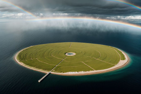 A floating city tethered to the earth by a rainbowの素材