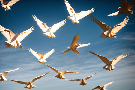A flock of origami birds transforming into real ones mid flightの素材