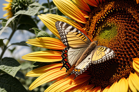 A butterfly alighting on a sunflower in full bloomの素材