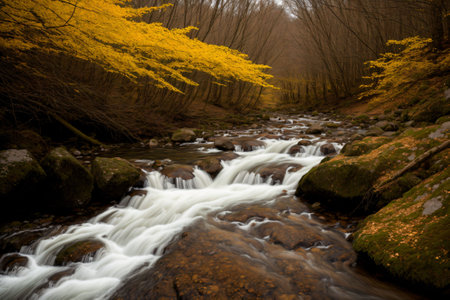 A brook with waters of molten gold running through a meadowの素材