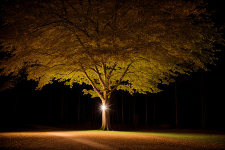 A door in a tree leading into a glowing wonderlandの素材