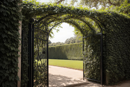 A century old cast iron gate shrouded in creeping vinesの素材