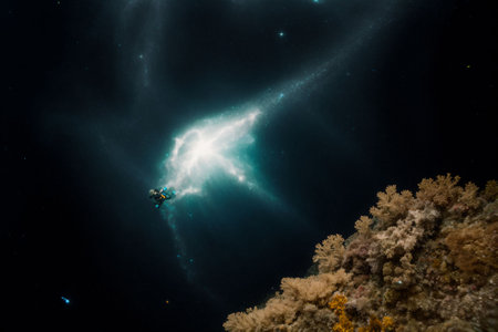 A diver s bubbles morphing into a galaxy of stars underwaterの素材