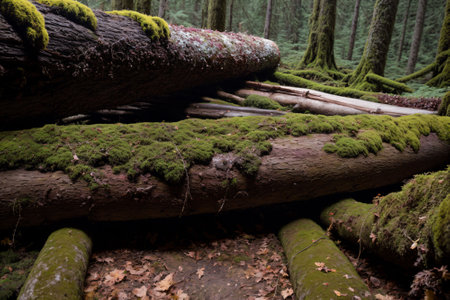 A fallen log covered with vibrant moss and fungiの素材