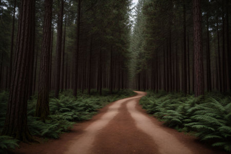 A forest path leading to a mirror reflecting the cosmosの素材