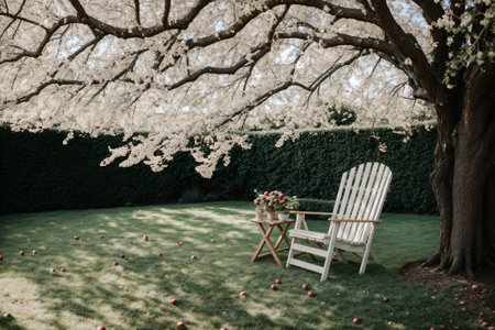 A garden chair under an apple tree bathed in dappled sunlightの素材