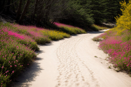 A hiker s trail of footprints turning into a path of blooming flowersの素材