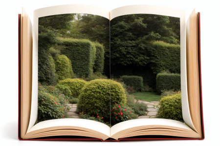 A garden growing from pages of an open bookの素材