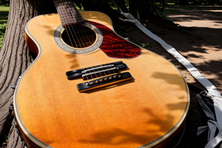 A guitar resting against a tree forgotten in the summer heatの素材