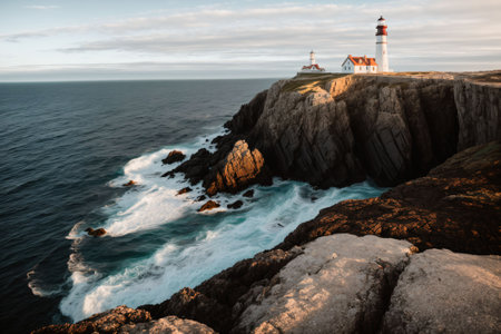 A lighthouse standing sentinel on a rocky coastlineの素材
