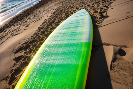 A neon green surfboard lying on the beach reflecting the sunの素材