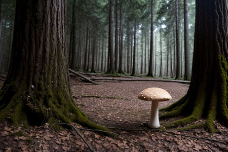 A mushroom cap beneath a forest canopy a hidden world beneathの素材