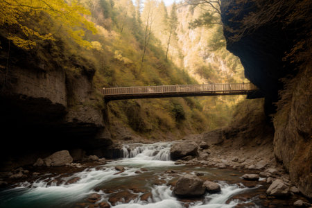 A rope bridge spanning a deep ravine bathed in golden lightの素材