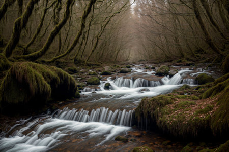 A meandering stream flowing through a mossy forestの素材