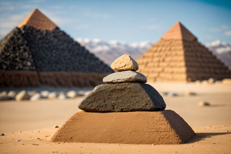 A pyramid of stacked pebbles each stone a different planetの素材