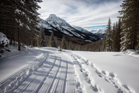 A snow covered mountain path leading into the unknownの素材