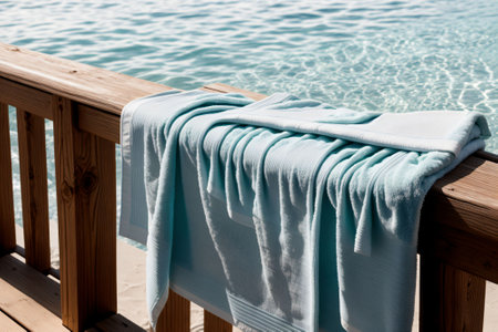 A towel draped over a railing after a midday swimの素材