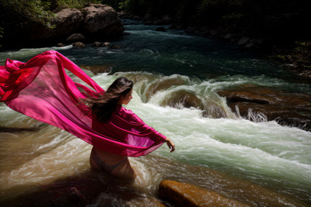 A woman s silk scarf flowing into a river of colorの素材