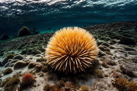 A sea urchin hiding under the seaweed at the water s edgeの素材
