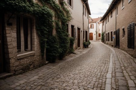 A winding cobblestone path through a sleepy villageの素材