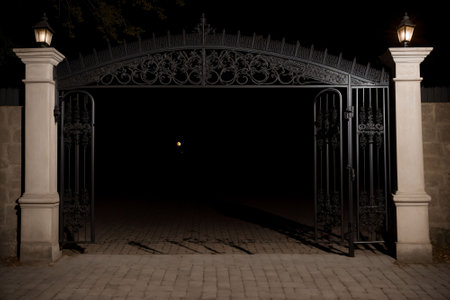 Shadows cast by a wrought iron gate in the moonlightの素材