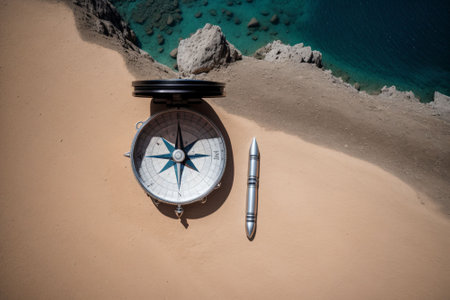 An explorer s compass pointing towards an undiscovered floating islandの素材