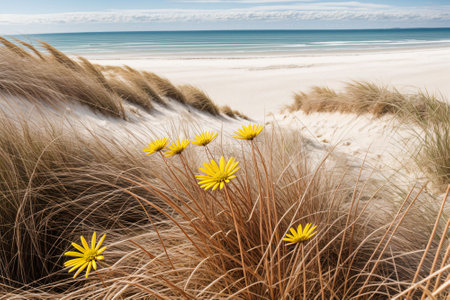 An exotic beach flower blooming amidst a field of dunesの素材