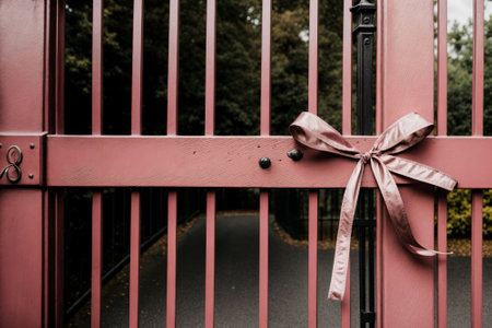 Single pink ribbon tied on a wrought iron gateの素材