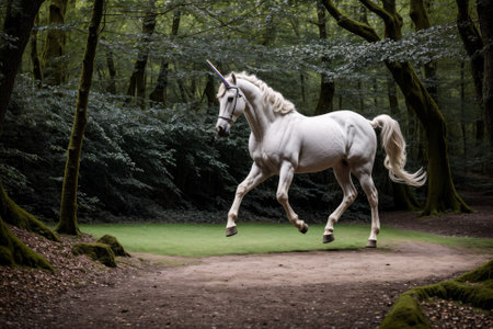 An artist s hand guides a unicorn through an enchanted gladeの素材