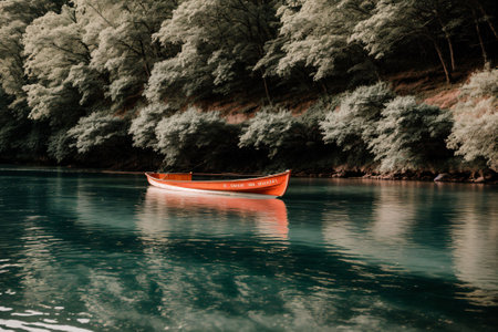 A single rowing boat on the river symbolizing strength and enduranceの素材