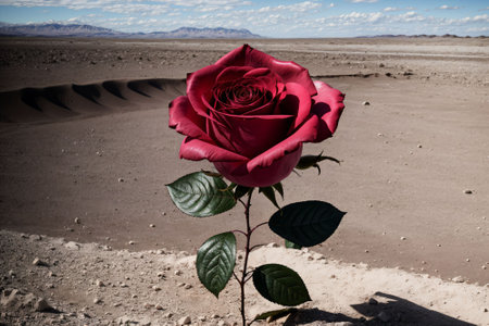 Pink rose blooming in a desolate landscapeの素材