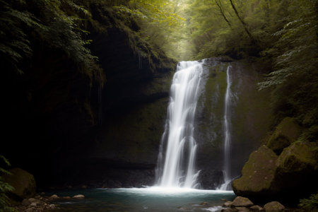 An ornate mirror reflecting a cascading waterfallの素材