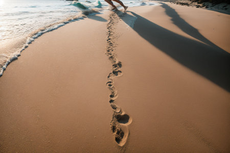 A woman s footprints in the sand turning into ocean wavesの素材