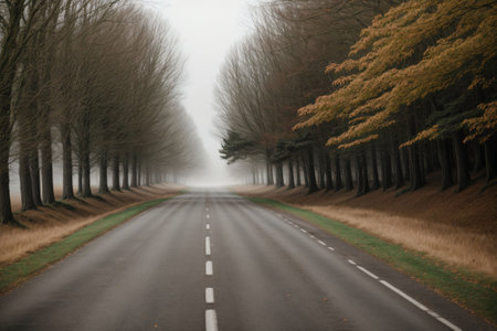 A winding country lane disappearing into the mistの素材