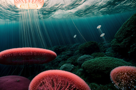 Jellyfish floating gracefully through the air in a rainbow forestの素材