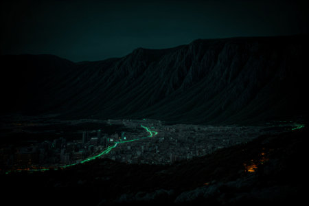 An ethereal cityscape illuminated by bioluminescent floraの素材