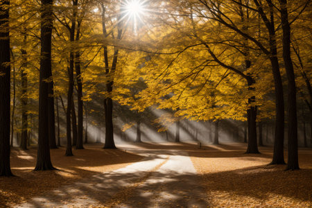 Sunlight piercing through a canopy of autumn leavesの素材