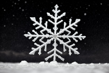 An intricate snowflake falling against a dark skyの素材