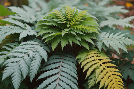 Close-up of vibrant ferns touched by autumn frostの素材