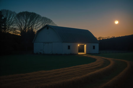 A harvest moon casting shadows over a quiet barnの素材