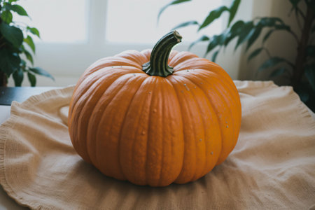 A ripe pumpkin covered in morning dewの素材