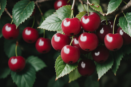Deep red cherries on a branch, ready for pickingの素材