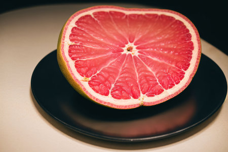 A sliced open grapefruit revealing its ruby interiorの素材