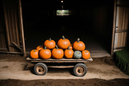 Rustic wooden wheelbarrow filled with harvested pumpkinsの素材