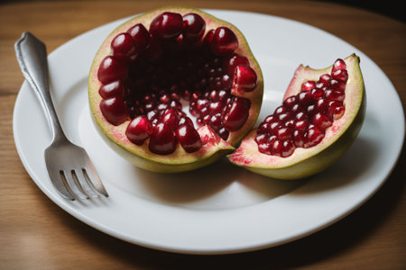 A single pomegranate split open, revealing ruby seedsの素材