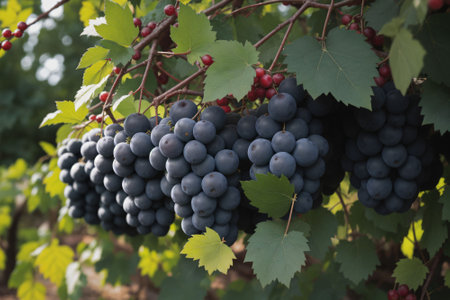 Grapevines heavy with clusters of ripe fruitの素材