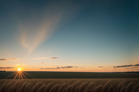 Sun setting over a field of ripe wheatの素材