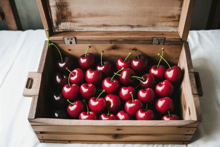 Freshly picked cherries in a wooden crateの素材