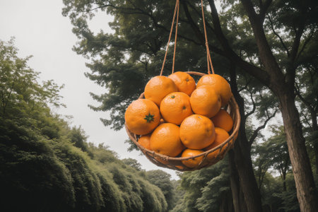 Bright oranges hanging heavily on a treeの素材