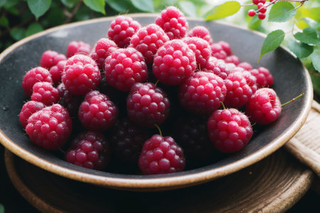 Juicy red raspberries on a vine in sunlightの素材